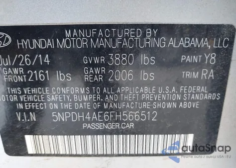 2015 Hyundai Elantra Se from USA, damaged, VIN 5NPDH4AE6FH566512